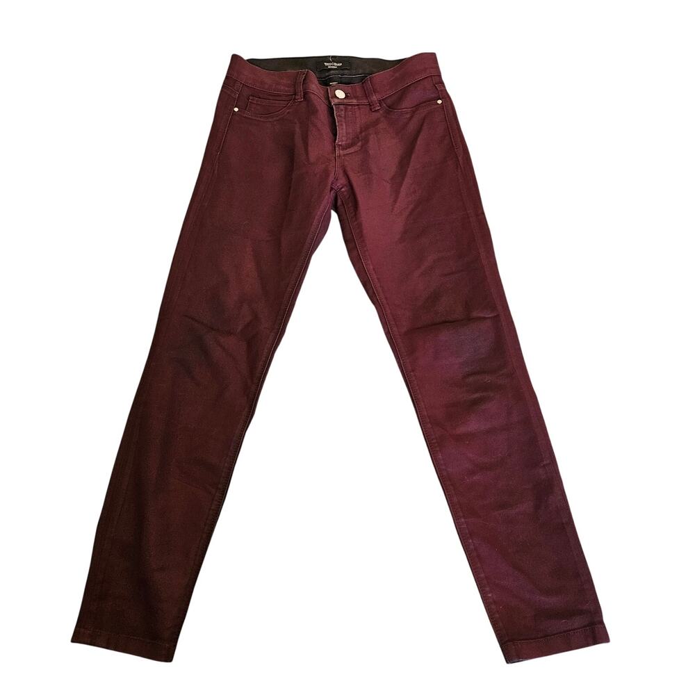 White House Black Market Skinny Leg Coated Jeans 4P Petite Burgundy Mid Rise
